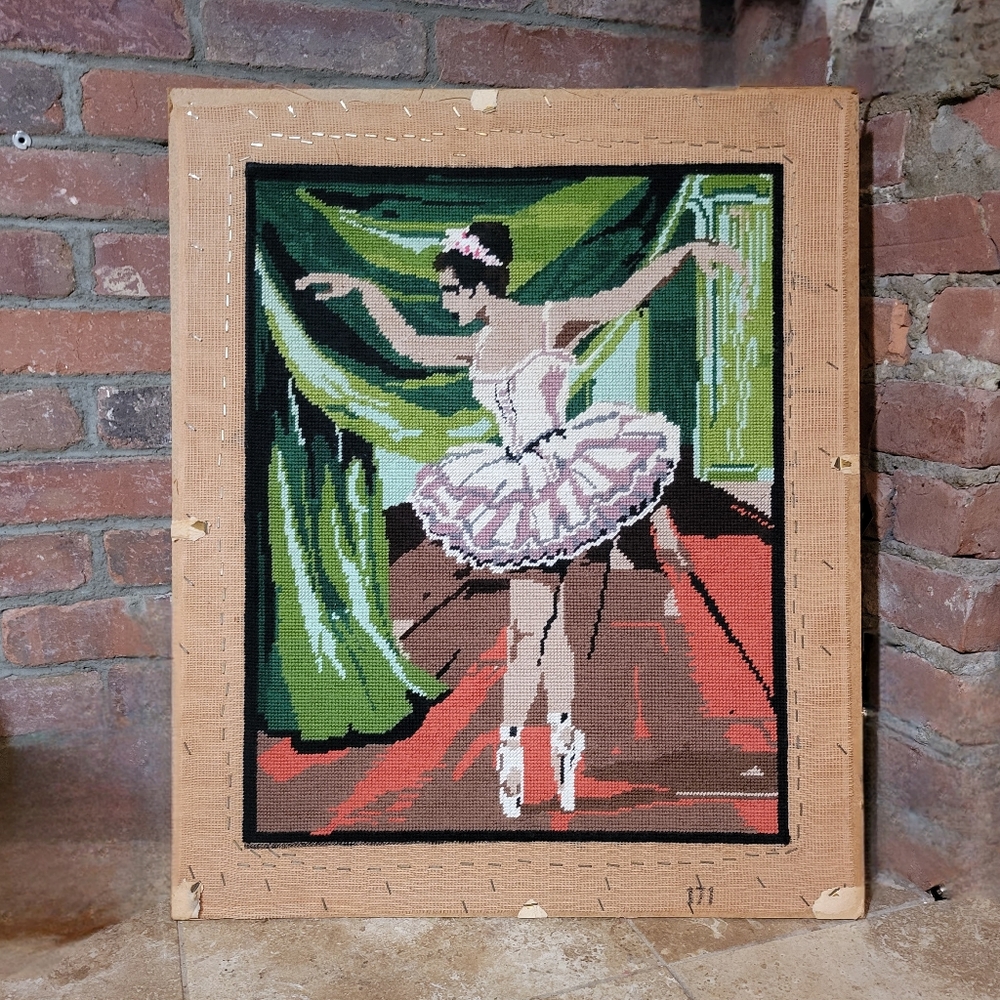 Large Vintage Handmade Ballerina En Pointe Needlepoint Wall Hanging